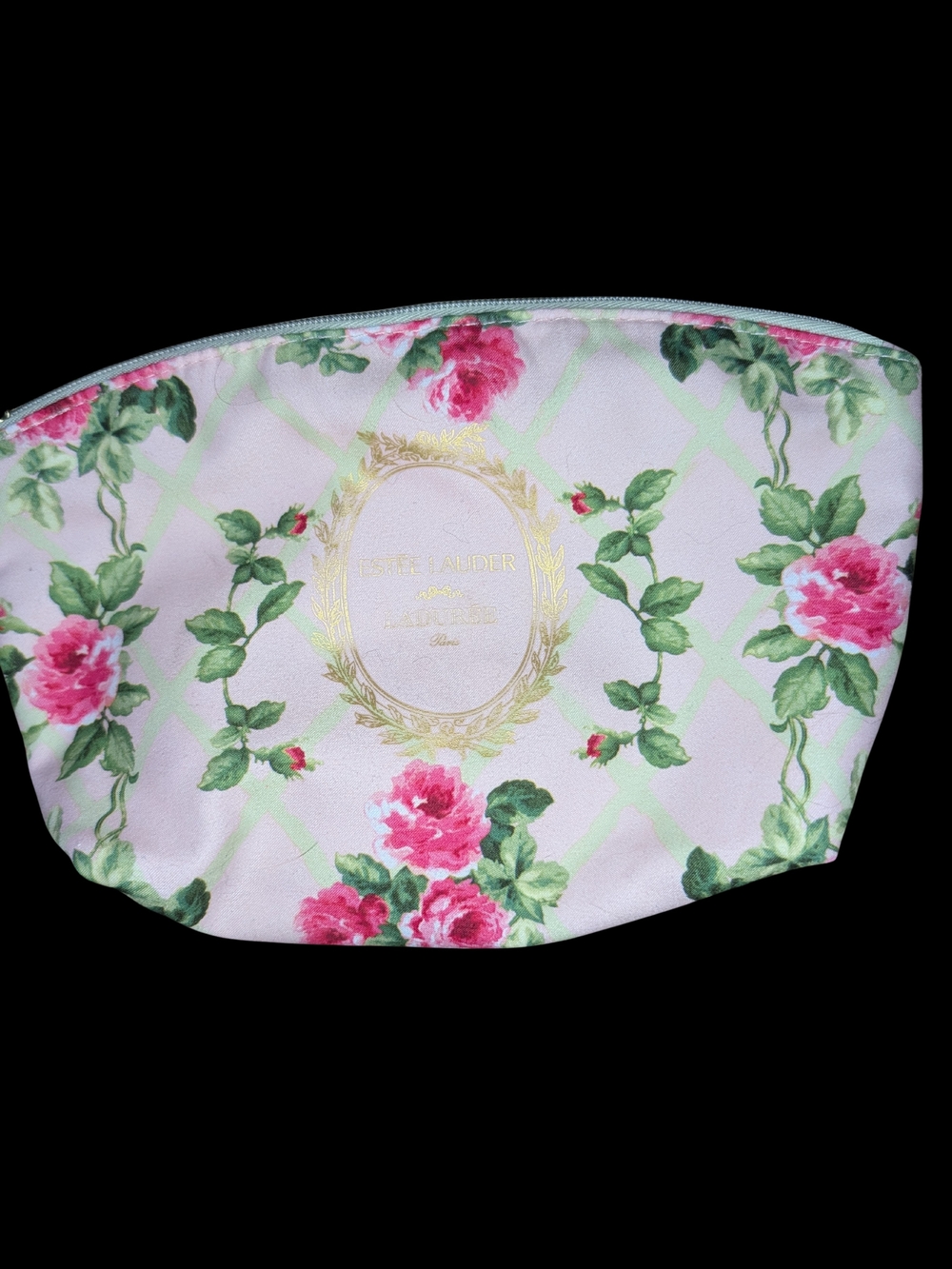 Estee Lauder Pink Rose Print Cosmetic Bag with Gold Emblem
